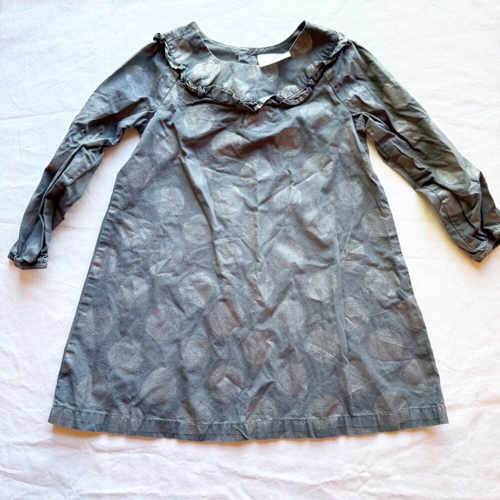 Hanna Andersson Girls Long-Sleeve Ruffle Detail Dress Size 100 US 4 Metallic Dot